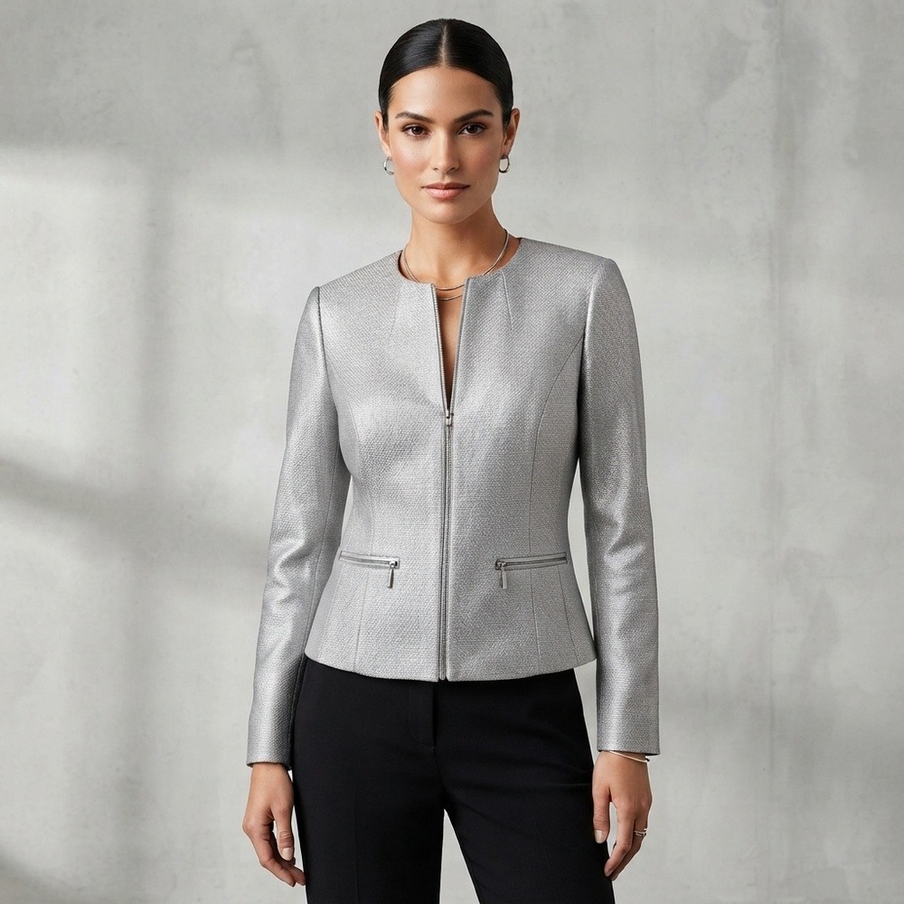 White House Black Market Metallic Silver Collarless Zipper Blazer Jacket Size 2